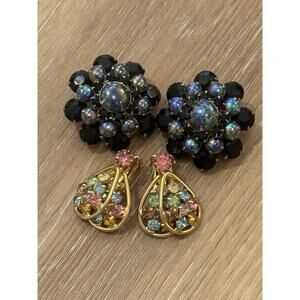 Vintage Judy Lee Clip On Earrings Iridescent Black Cluster Fruit Salad Teardrops